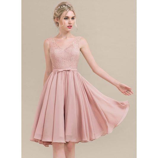 Elegant A-Line V-Neck Sleeveless Lace Bodice Pink Short Homecoming Dress