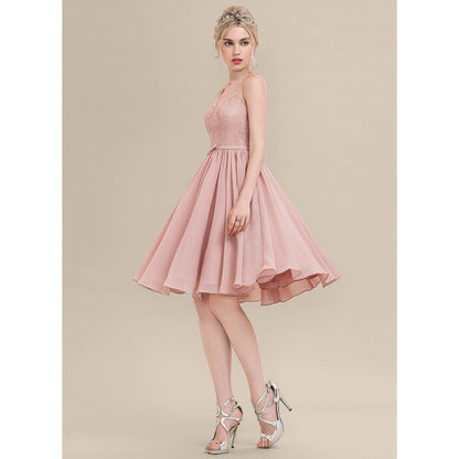 Elegant A-Line V-Neck Sleeveless Lace Bodice Pink Short Homecoming Dress