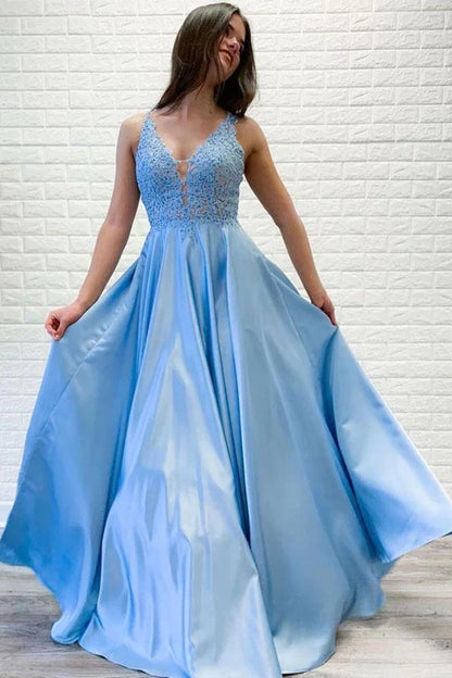 Elegant A-Line V-Neck Sleeveless Lace Light Blue Long Prom Dress for Women