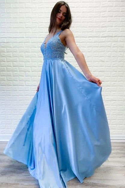 Elegant A-Line V-Neck Sleeveless Lace Light Blue Long Prom Dress for Women