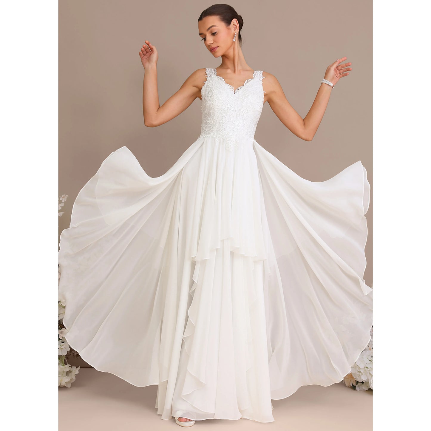 Elegant A-Line V-Neck Sleeveless Lace Tiered White Floor-Length Wedding Gown