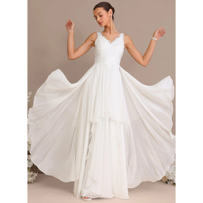 Elegant A-Line V-Neck Sleeveless Lace Tiered White Floor-Length Wedding Gown