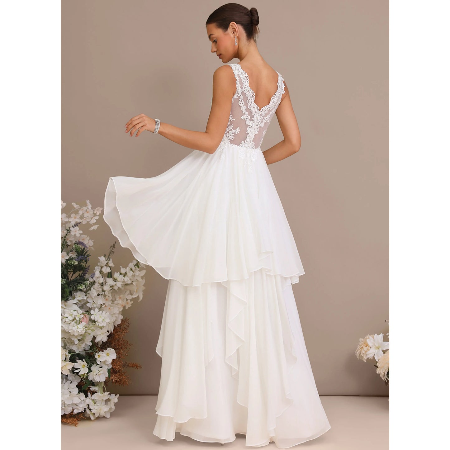 Elegant A-Line V-Neck Sleeveless Lace Tiered White Floor-Length Wedding Gown