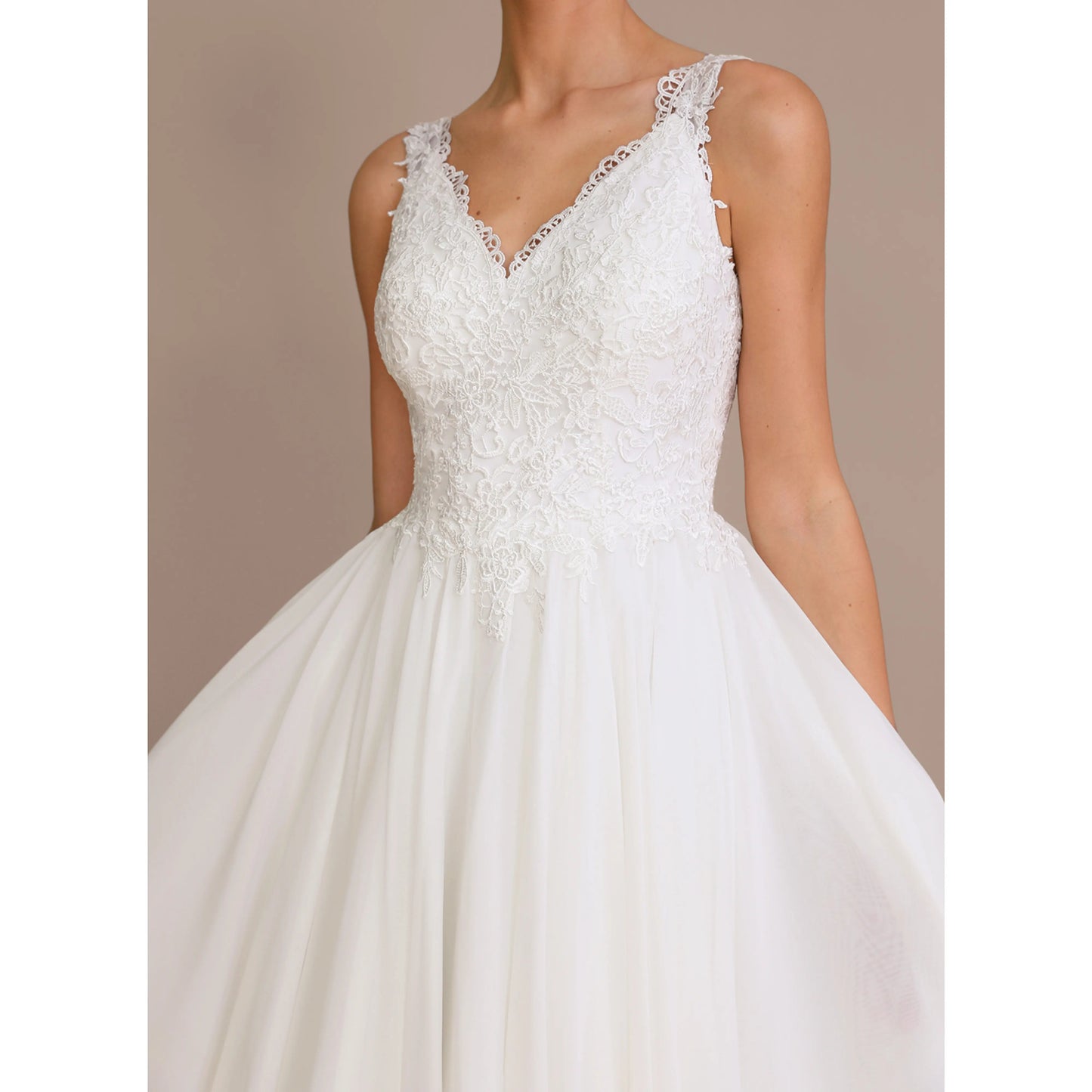 Elegant A-Line V-Neck Sleeveless Lace Tiered White Floor-Length Wedding Gown