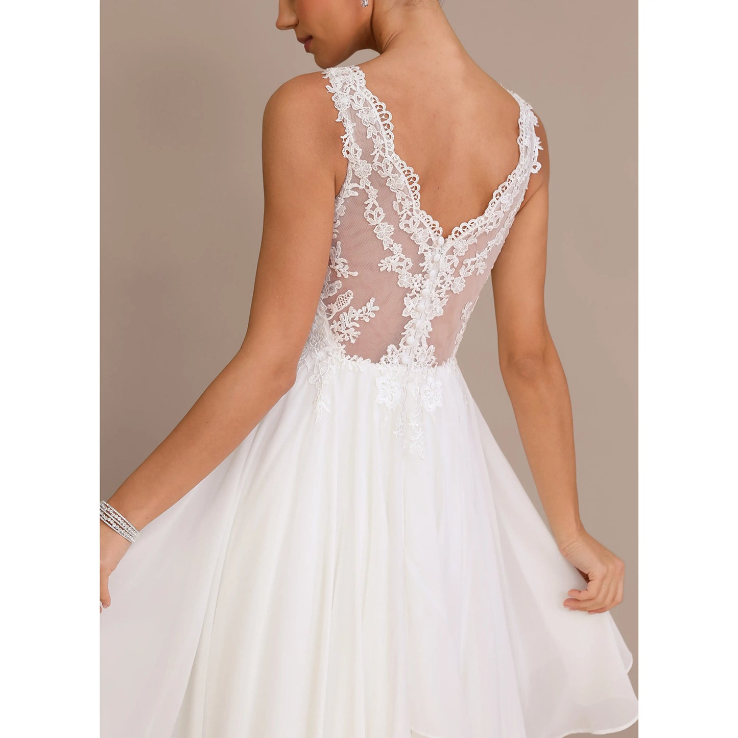 Elegant A-Line V-Neck Sleeveless Lace Tiered White Floor-Length Wedding Gown