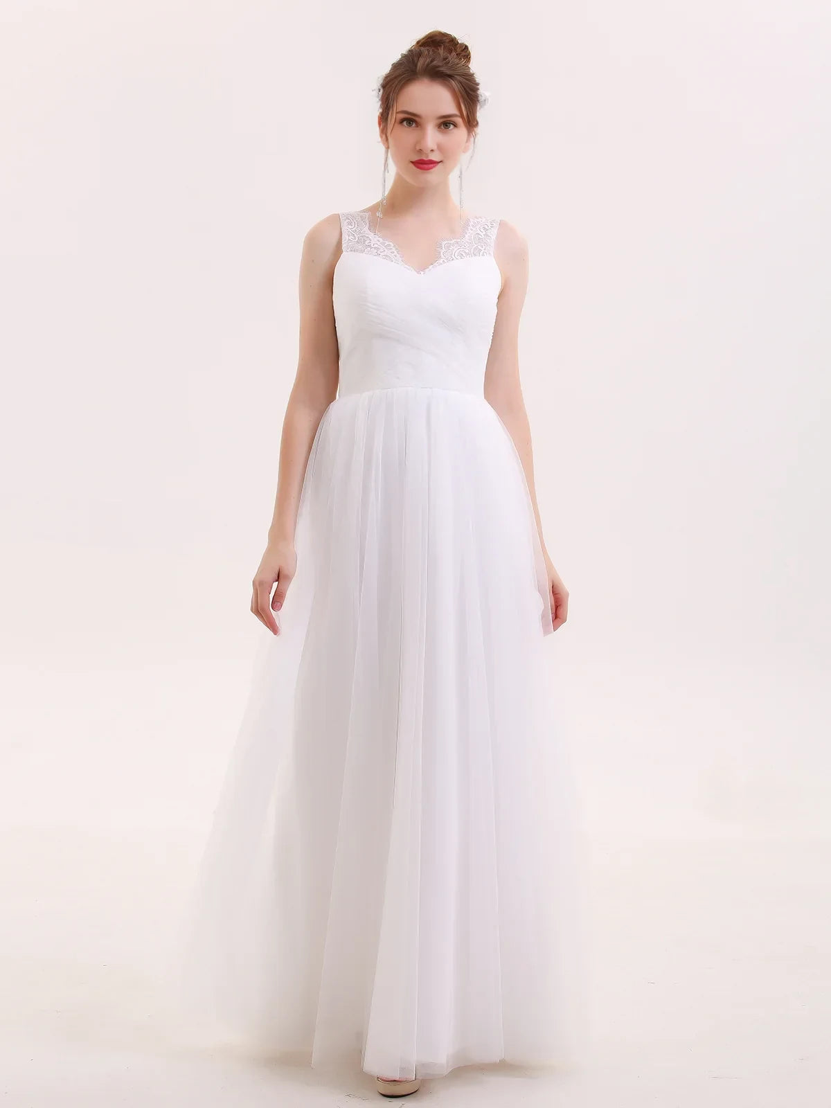 Elegant A-Line V-Neck Sleeveless Lace White Floor-Length Wedding Gown