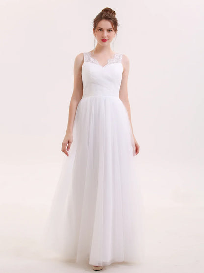 Elegant A-Line V-Neck Sleeveless Lace White Floor-Length Wedding Gown