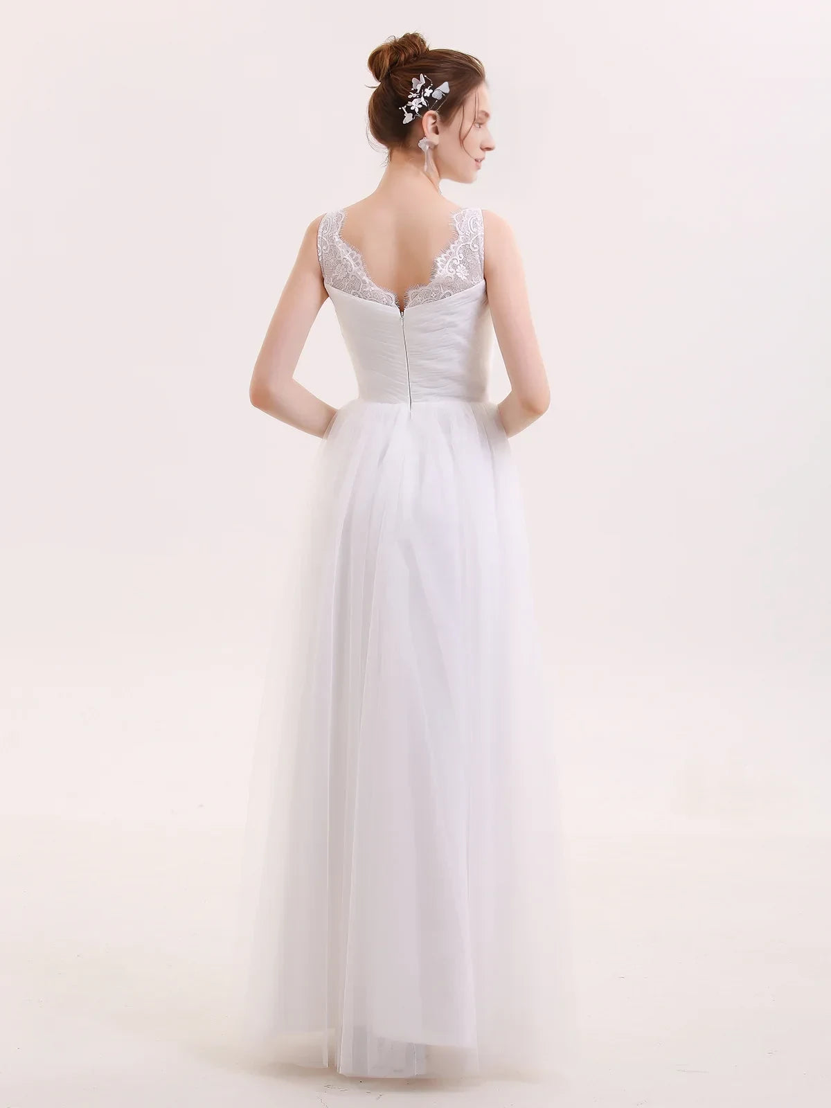 Elegant A-Line V-Neck Sleeveless Lace White Floor-Length Wedding Gown