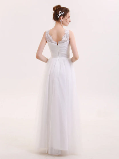 Elegant A-Line V-Neck Sleeveless Lace White Floor-Length Wedding Gown