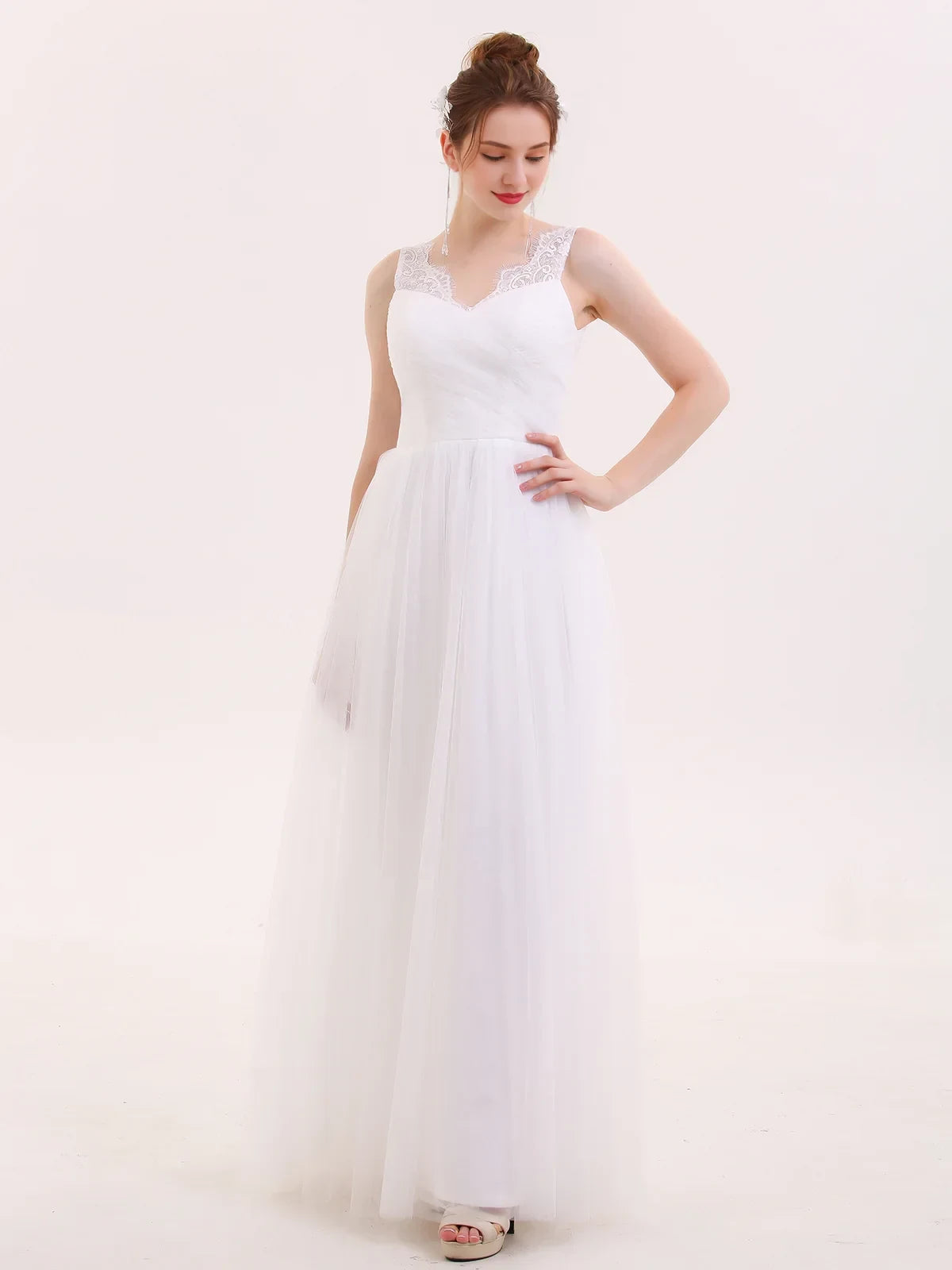 Elegant A-Line V-Neck Sleeveless Lace White Floor-Length Wedding Gown