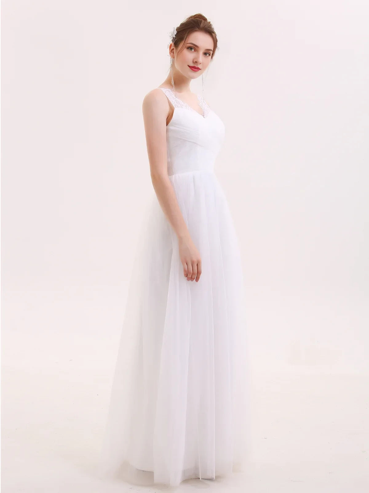 Elegant A-Line V-Neck Sleeveless Lace White Floor-Length Wedding Gown