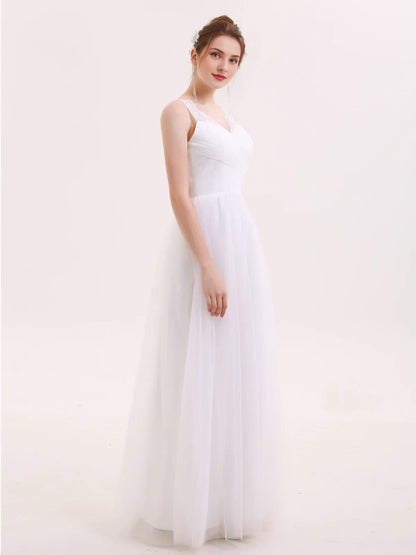 Elegant A-Line V-Neck Sleeveless Lace White Floor-Length Wedding Gown