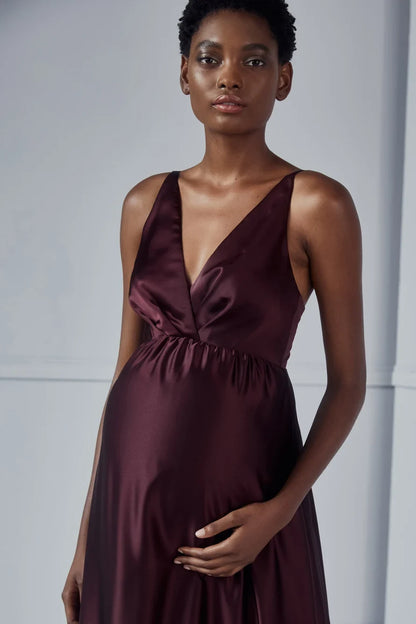 Elegant A-Line V-Neck Sleeveless Maternity Wrap Plum Floor Bridesmaid Dress