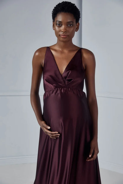 Elegant A-Line V-Neck Sleeveless Maternity Wrap Plum Floor Bridesmaid Dress