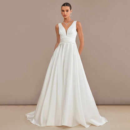 Elegant A-Line V-Neck Sleeveless Modern Chic White Floor-Length Wedding Gown