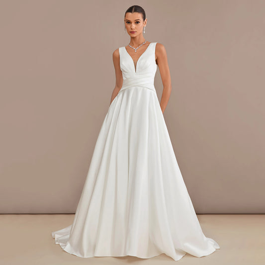 Elegant A-Line V-Neck Sleeveless Modern Chic White Floor-Length Wedding Gown