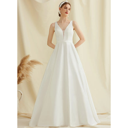 Elegant A-Line V-Neck Sleeveless Modern Ivory Floor-Length Wedding Gown for Brides