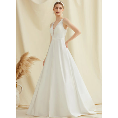 Elegant A-Line V-Neck Sleeveless Modern Ivory Floor-Length Wedding Gown for Brides