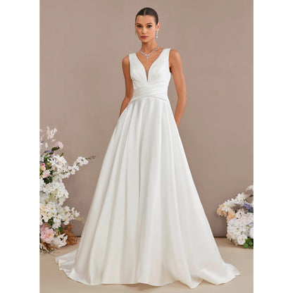 Elegant A-Line V-Neck Sleeveless Pleated Back Button White Floor-Length Wedding Dress
