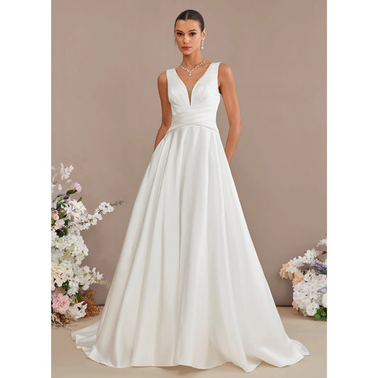 Elegant A-Line V-Neck Sleeveless Pleated Back Button White Floor-Length Wedding Dress