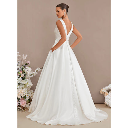 Elegant A-Line V-Neck Sleeveless Pleated Back Button White Floor-Length Wedding Dress