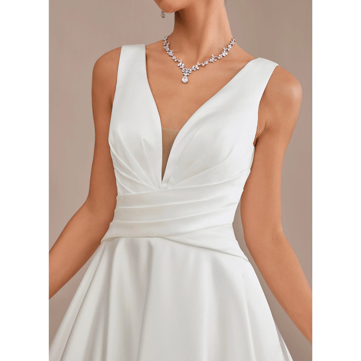 Elegant A-Line V-Neck Sleeveless Pleated Back Button White Floor-Length Wedding Dress