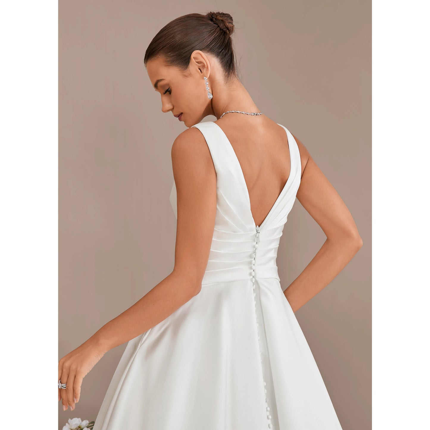 Elegant A-Line V-Neck Sleeveless Pleated Back Button White Floor-Length Wedding Dress
