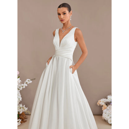 Elegant A-Line V-Neck Sleeveless Pleated Back Button White Floor-Length Wedding Dress