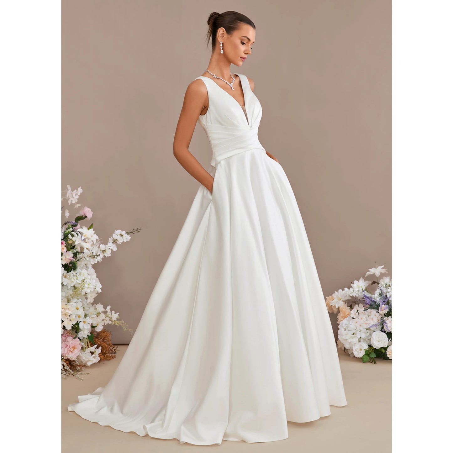 Elegant A-Line V-Neck Sleeveless Pleated Back Button White Floor-Length Wedding Dress