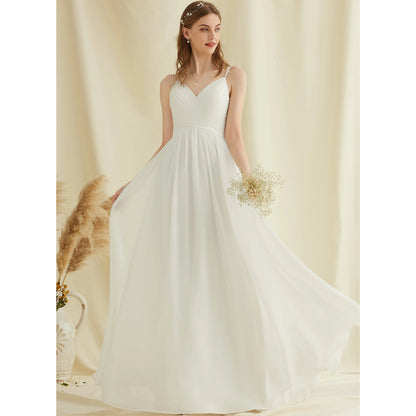 Elegant A-Line V-Neck Sleeveless Pleated Backless White Floor-Length Wedding Gown