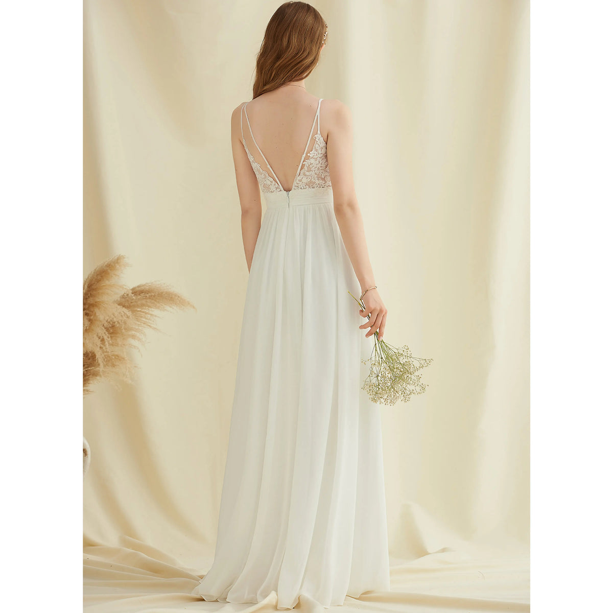 Elegant A-Line V-Neck Sleeveless Pleated Backless White Floor-Length Wedding Gown