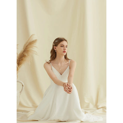 Elegant A-Line V-Neck Sleeveless Pleated Backless White Floor-Length Wedding Gown