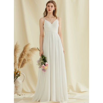 Elegant A-Line V-Neck Sleeveless Pleated Backless White Floor-Length Wedding Gown
