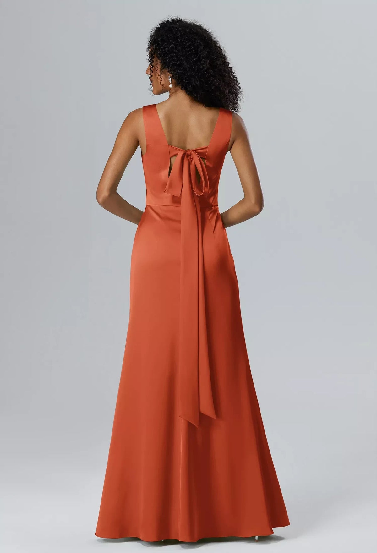 Elegant A-Line V-Neck Sleeveless Pleated Bow Rust Maxi Bridesmaid Dress Women