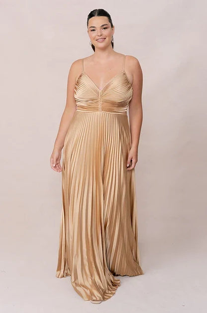 Elegant A-Line V-Neck Sleeveless Pleated Gold Floor-Length Bridesmaid Plus Size Gown