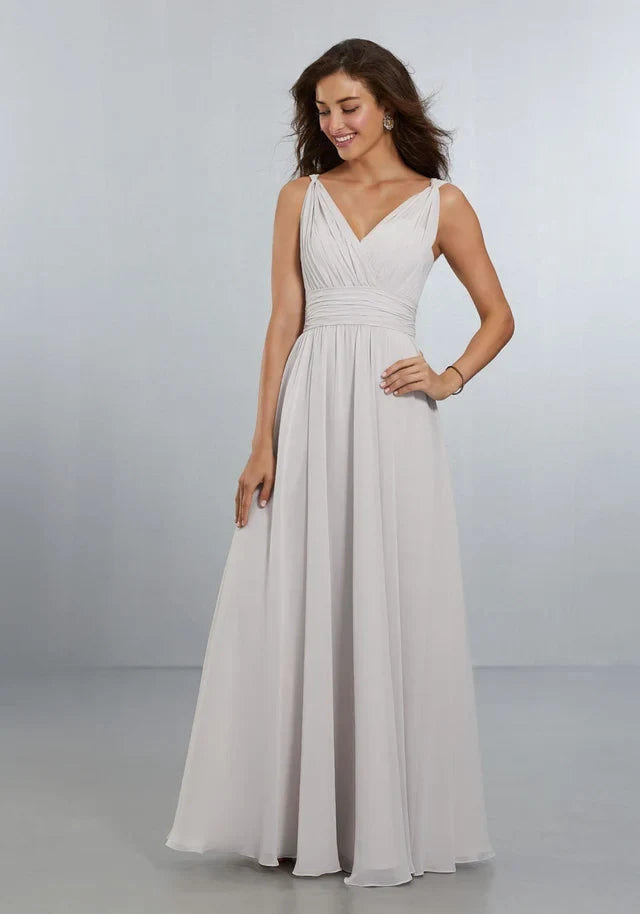 Elegant A-Line V-Neck Sleeveless Pleated Grey Maxi Bridesmaid Dress Women Gown