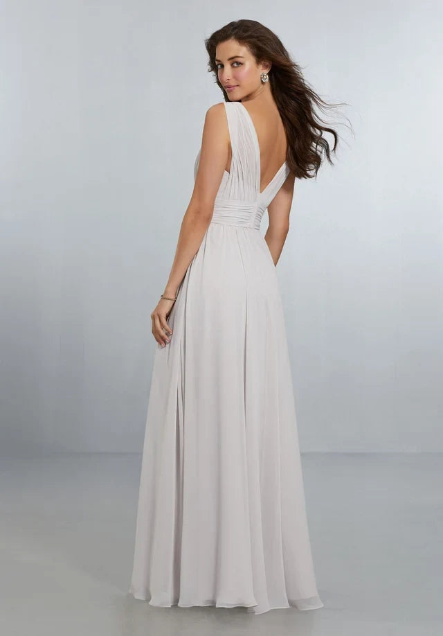 Elegant A-Line V-Neck Sleeveless Pleated Grey Maxi Bridesmaid Dress Women Gown