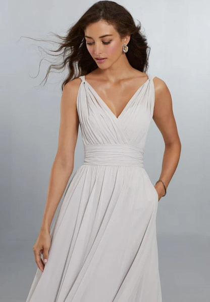 Elegant A-Line V-Neck Sleeveless Pleated Grey Maxi Bridesmaid Dress Women Gown