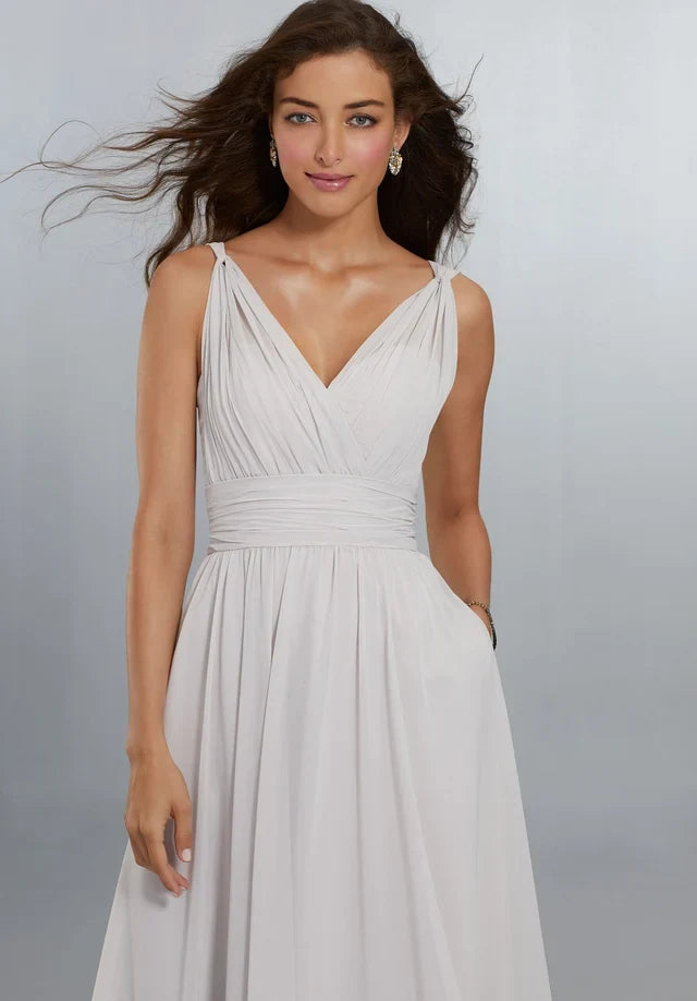 Elegant A-Line V-Neck Sleeveless Pleated Grey Maxi Bridesmaid Dress Women Gown