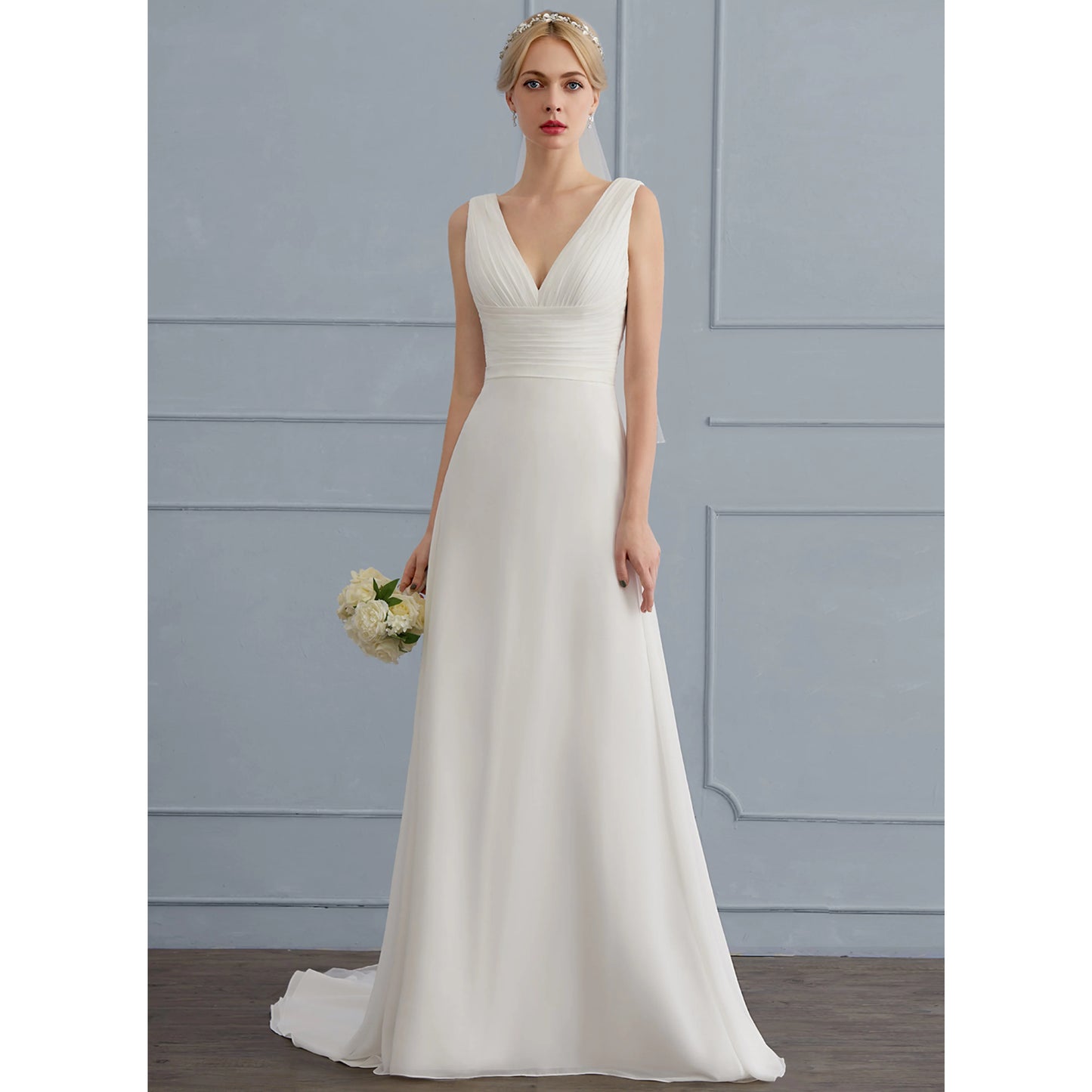Elegant A-Line V-Neck Sleeveless Pleated Lace Back Ivory Floor-Length Wedding Gown