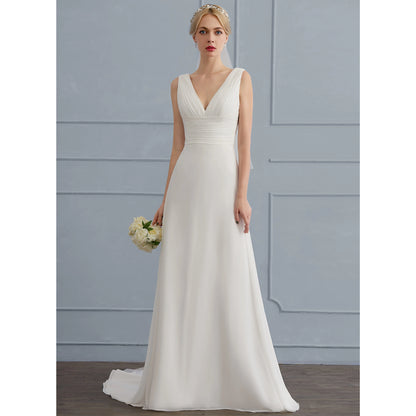 Elegant A-Line V-Neck Sleeveless Pleated Lace Back Ivory Floor-Length Wedding Gown