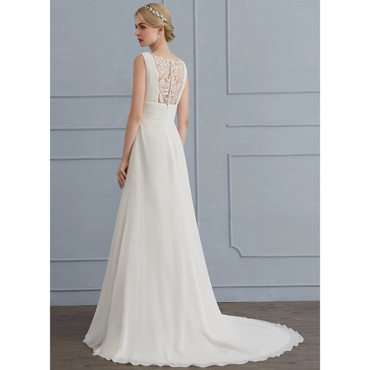 Elegant A-Line V-Neck Sleeveless Pleated Lace Back Ivory Floor-Length Wedding Gown
