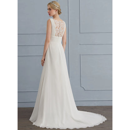 Elegant A-Line V-Neck Sleeveless Pleated Lace Back Ivory Floor-Length Wedding Gown