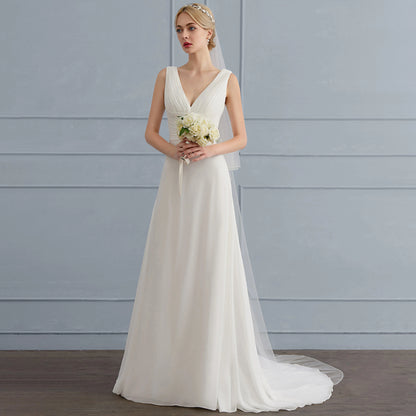 Elegant A-Line V-Neck Sleeveless Pleated Lace Back Ivory Floor-Length Wedding Gown