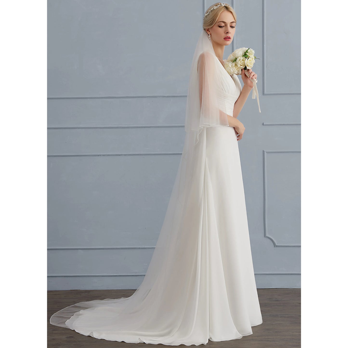 Elegant A-Line V-Neck Sleeveless Pleated Lace Back Ivory Floor-Length Wedding Gown
