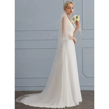 Elegant A-Line V-Neck Sleeveless Pleated Lace Back Ivory Floor-Length Wedding Gown