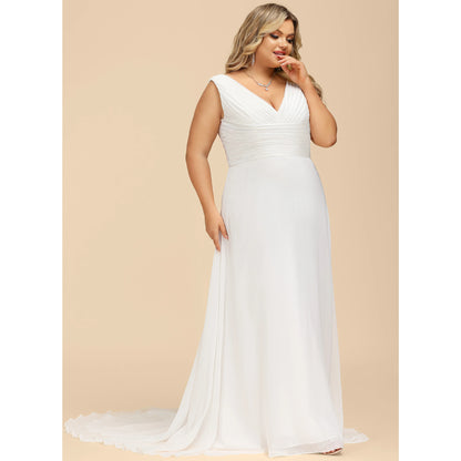 Elegant A-Line V-Neck Sleeveless Pleated Lace Back Ivory Floor-Length Wedding Gown