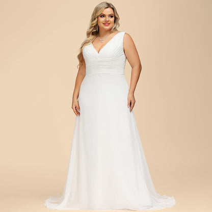 Elegant A-Line V-Neck Sleeveless Pleated Lace Back Ivory Floor-Length Wedding Gown