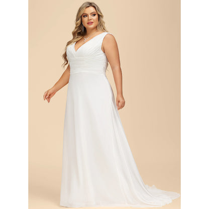 Elegant A-Line V-Neck Sleeveless Pleated Lace Back Ivory Floor-Length Wedding Gown