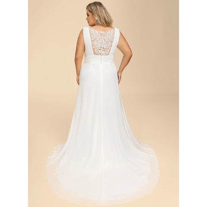Elegant A-Line V-Neck Sleeveless Pleated Lace Back Ivory Floor-Length Wedding Gown